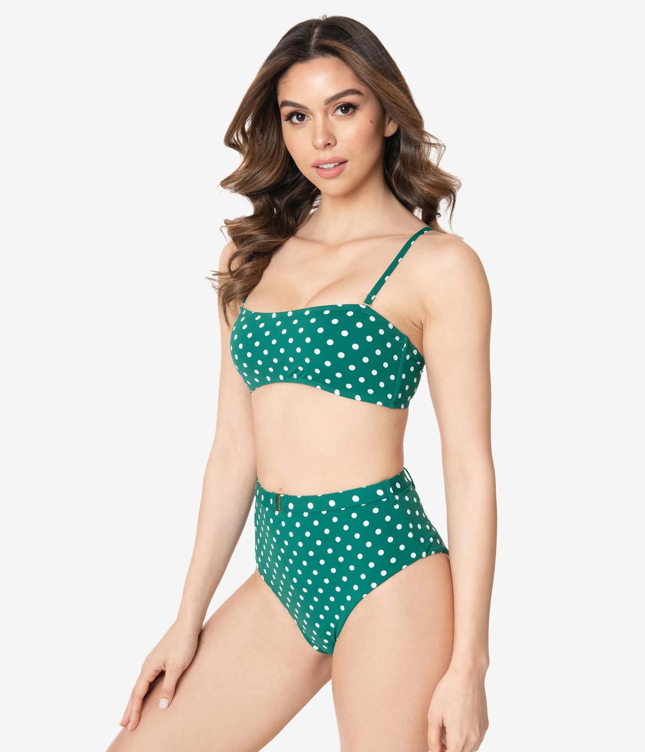 Emerald Green & White Polka Dot Belted High Waist Two Piece Swim Set