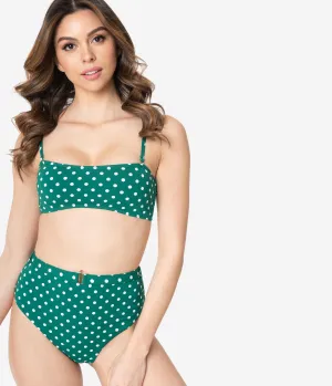 Emerald Green & White Polka Dot Belted High Waist Two Piece Swim Set