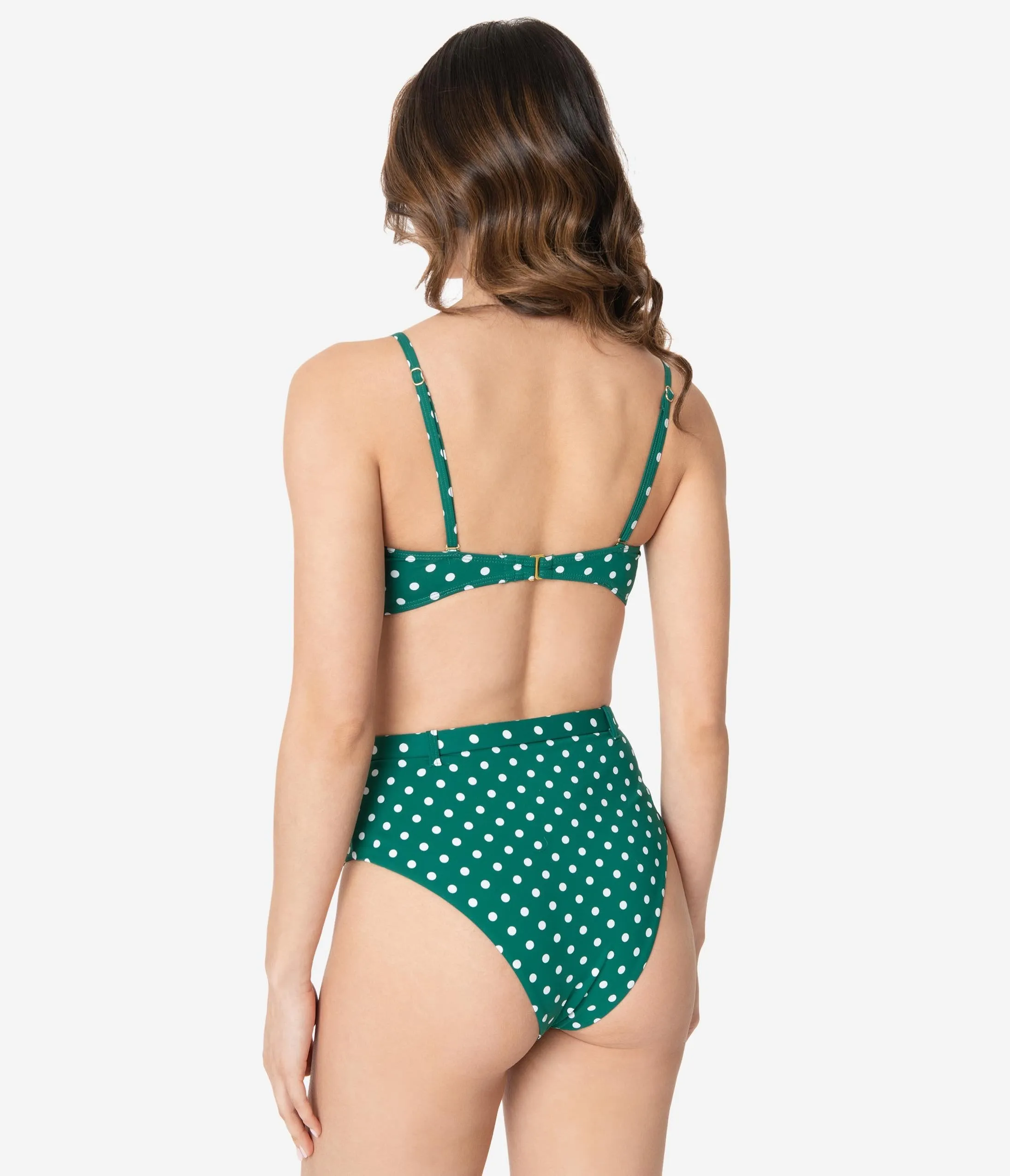 Emerald Green & White Polka Dot Belted High Waist Two Piece Swim Set