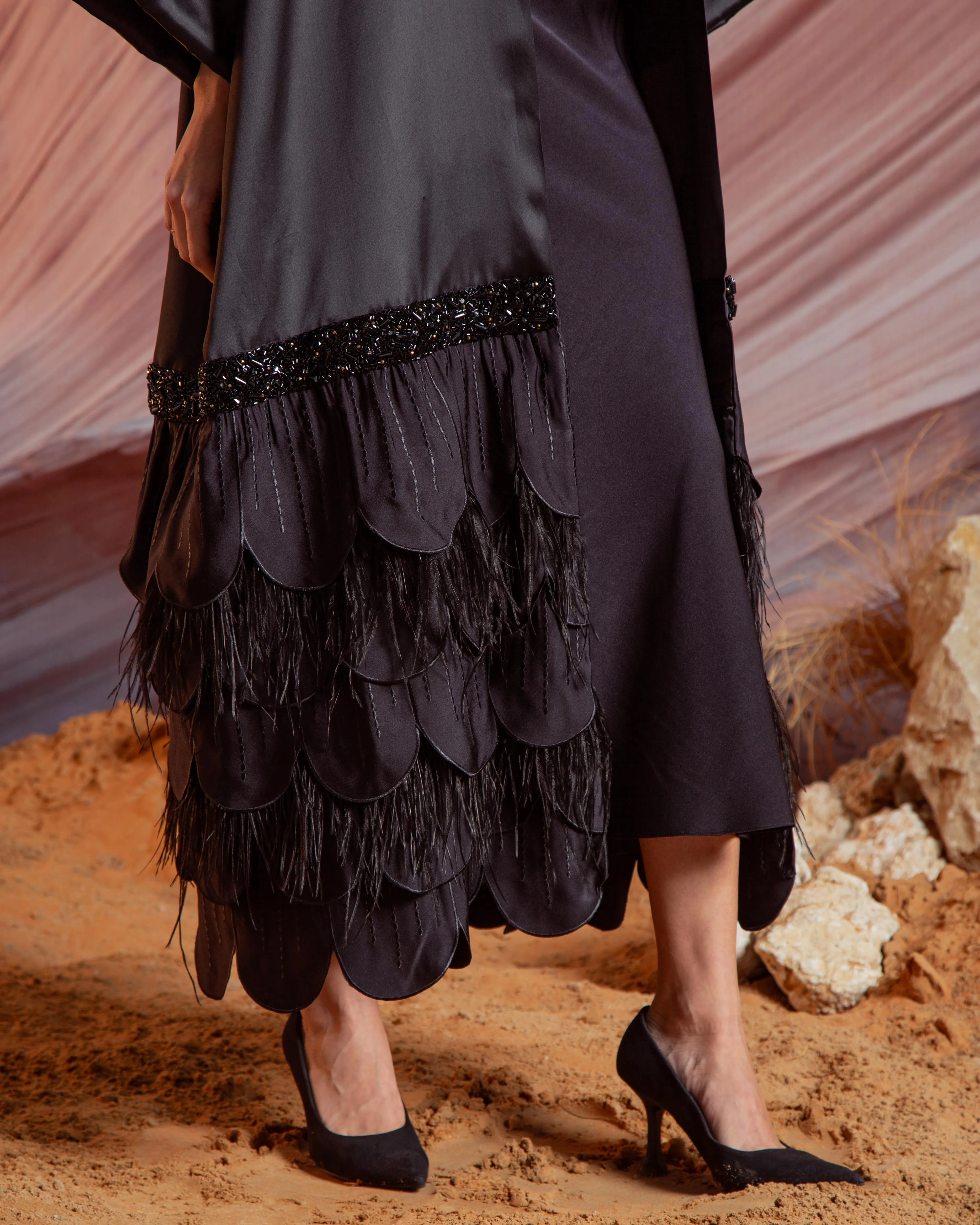 Essence Feather Detail Silk Abaya - Black