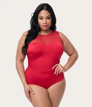 Esther Williams Plus Size Vintage Style Red Mesh One Piece Swimsuit
