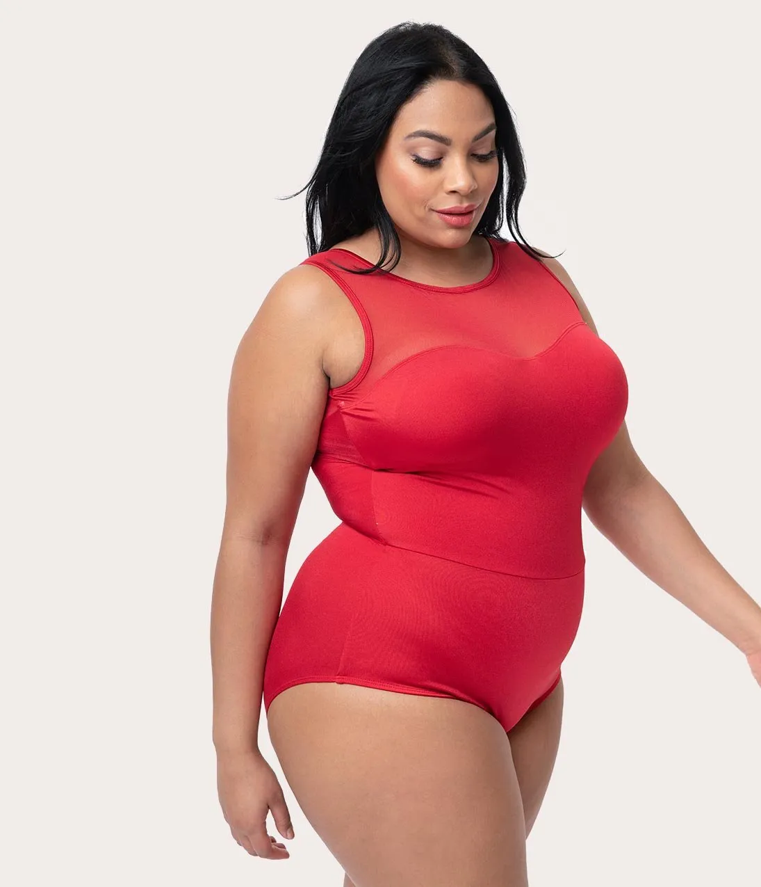 Esther Williams Plus Size Vintage Style Red Mesh One Piece Swimsuit