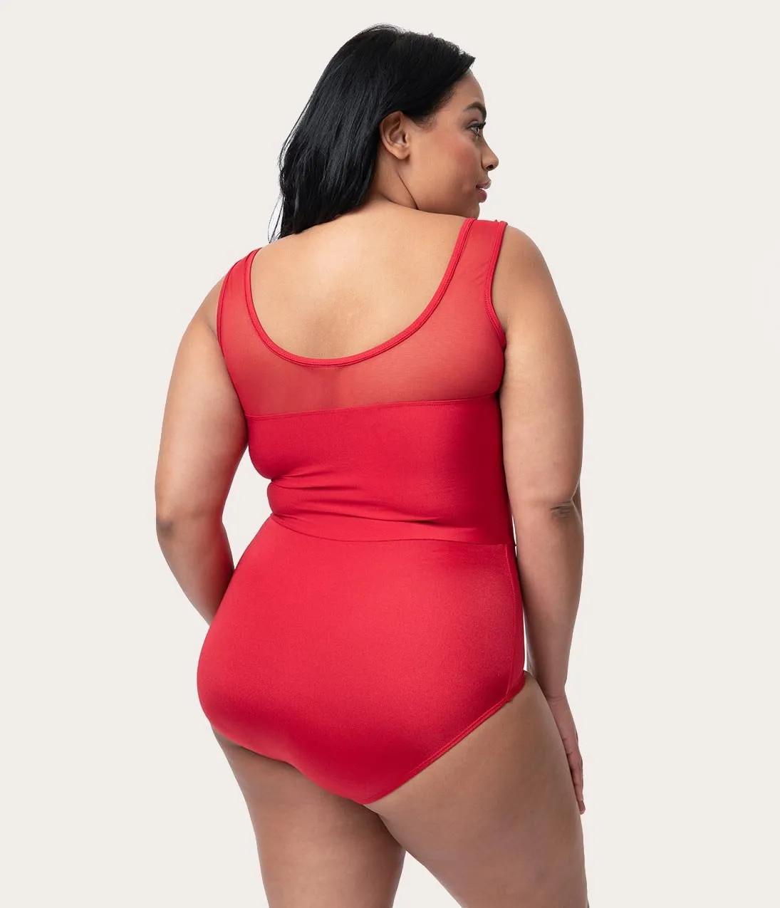 Esther Williams Plus Size Vintage Style Red Mesh One Piece Swimsuit