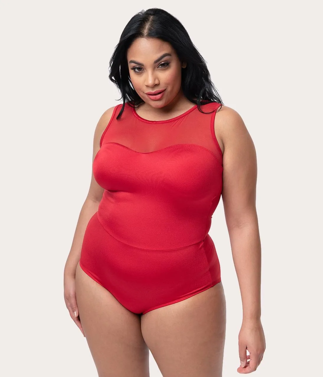 Esther Williams Plus Size Vintage Style Red Mesh One Piece Swimsuit