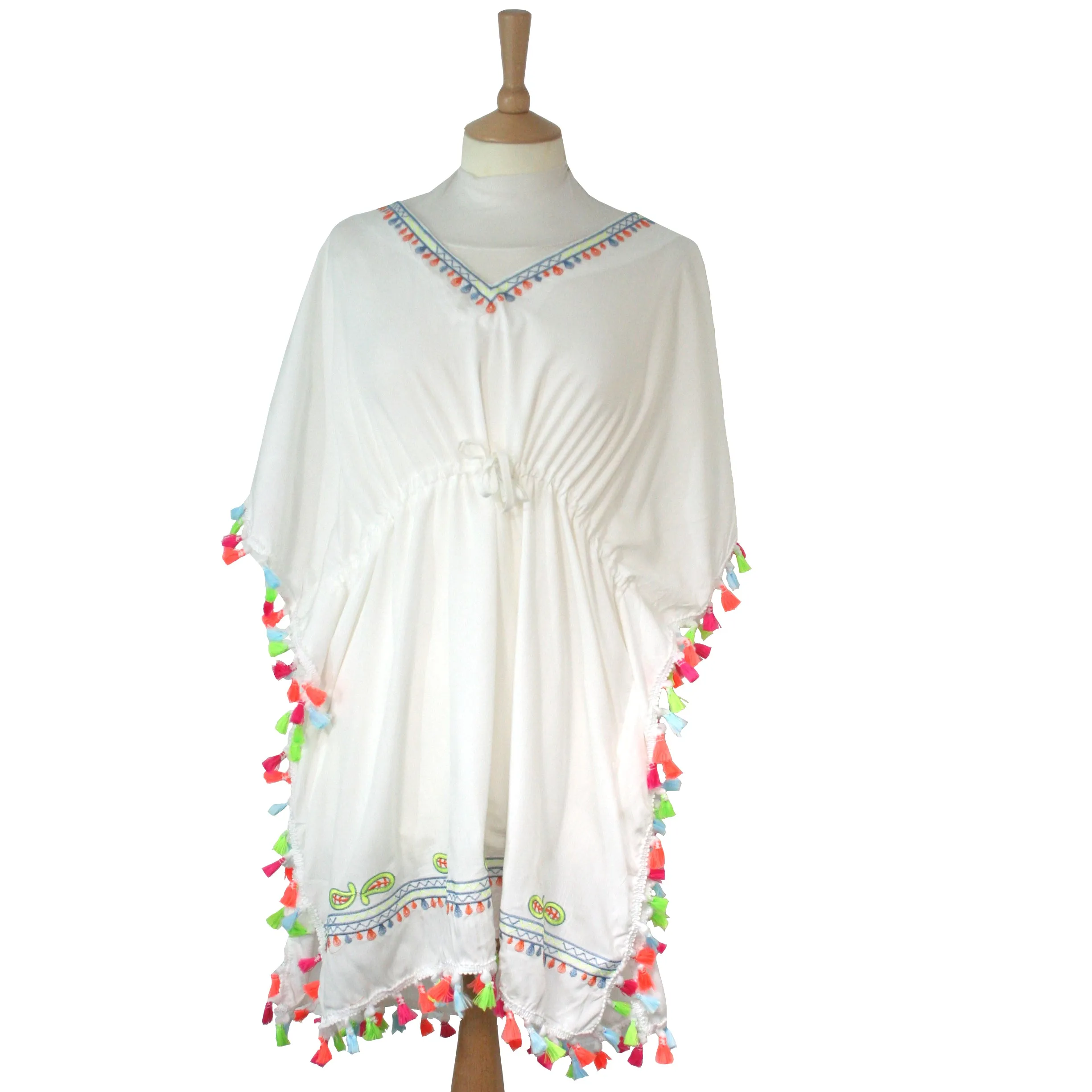 Evora   100% Cotton Poncho / Kaftan with PomPoms   White