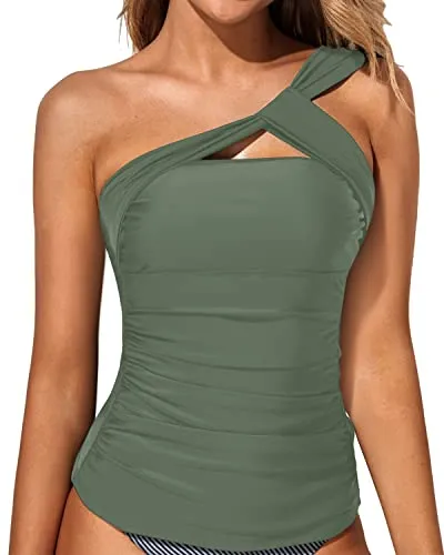 Eye-Catching One Shoulder Swimsuit Top Asymmetric Cut Tankini Top-Olive Green