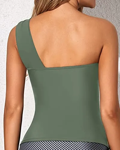 Eye-Catching One Shoulder Swimsuit Top Asymmetric Cut Tankini Top-Olive Green