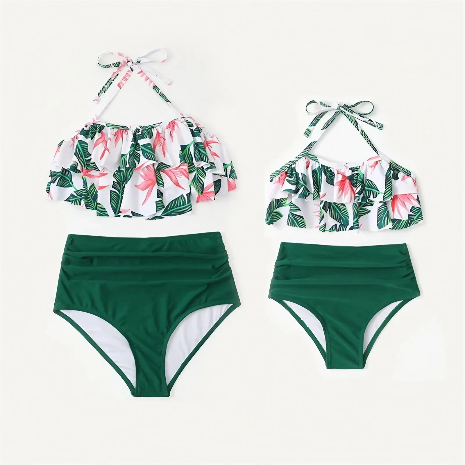 Family Swimwear Swimsuit Green Leaves Printing