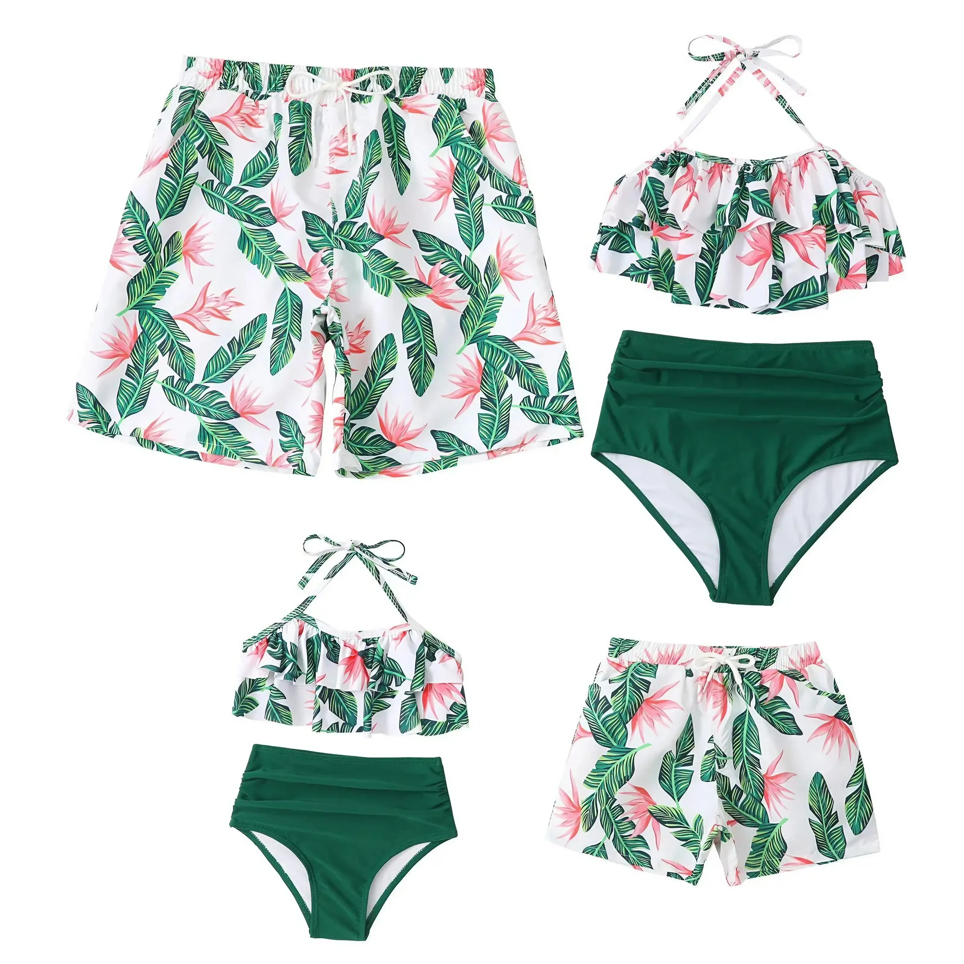 Family Swimwear Swimsuit Green Leaves Printing