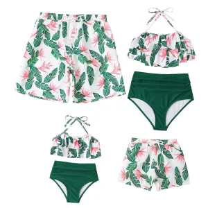 Family Swimwear Swimsuit Green Leaves Printing