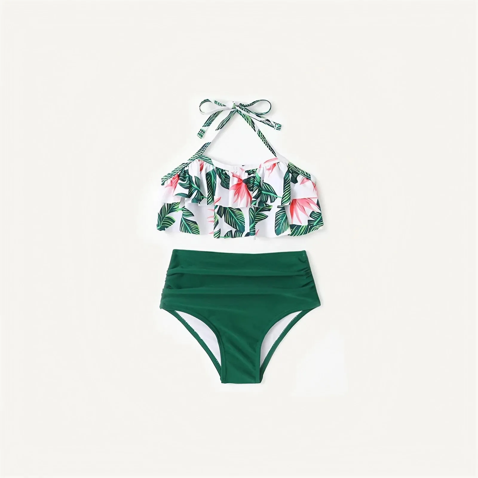 Family Swimwear Swimsuit Green Leaves Printing