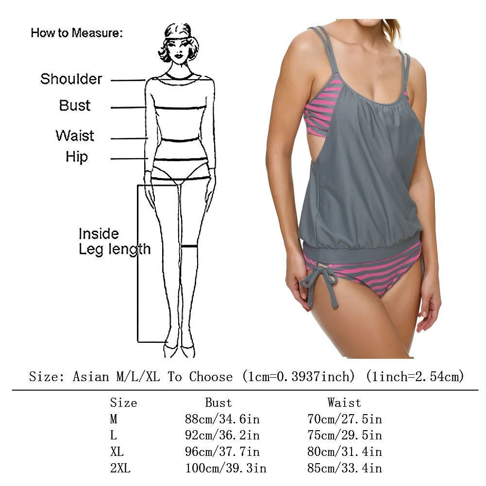 Fashion Sexy Women's Stripes Lined Up Double Up Tankini Bikini Swimwear Swimsuit