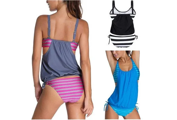 Fashion Sexy Women's Stripes Lined Up Double Up Tankini Bikini Swimwear Swimsuit
