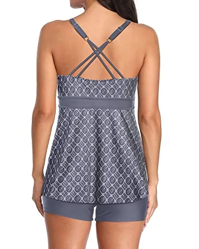 Fashionable Swimwear 2 Piece Tummy Control Bathing Suits-Grey Tribal