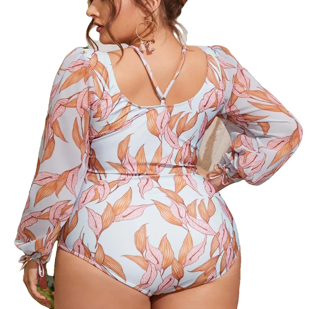 Fashionable Women's Long Sleeves Swimsuit One Piece Plus Size