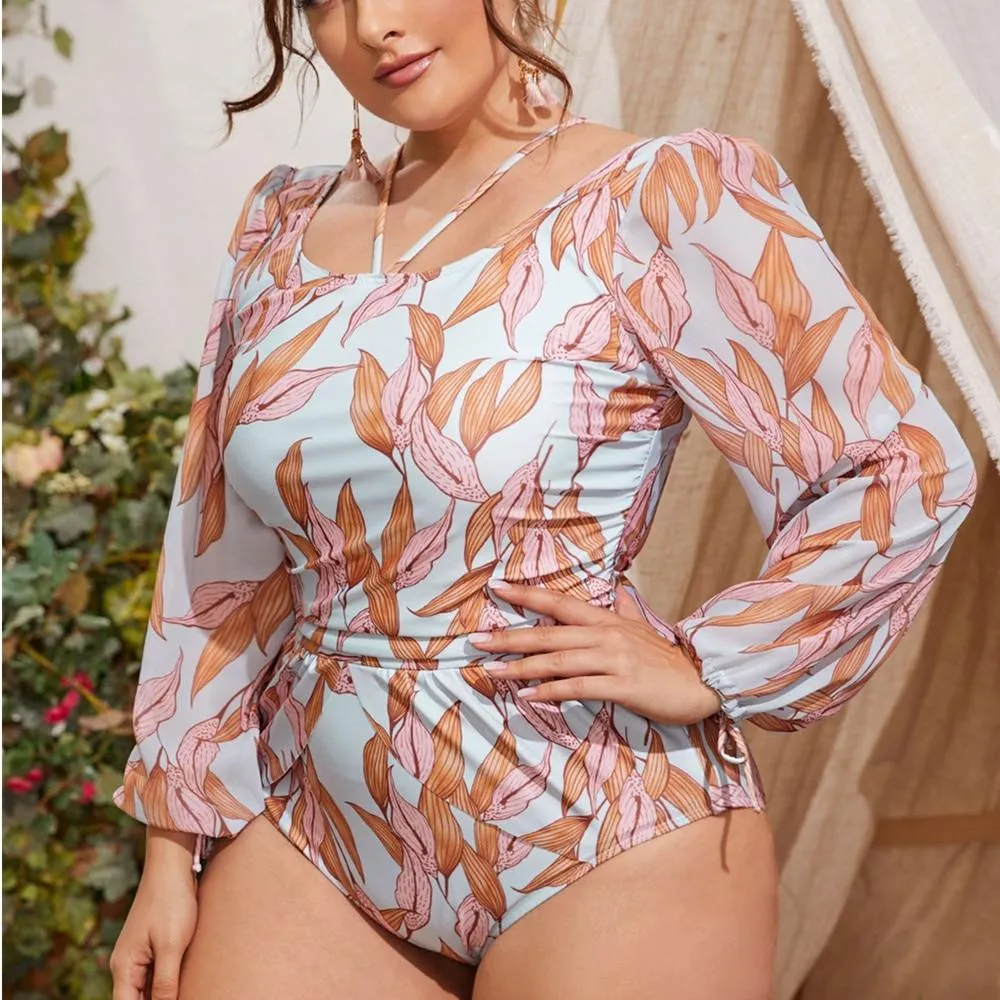 Fashionable Women's Long Sleeves Swimsuit One Piece Plus Size