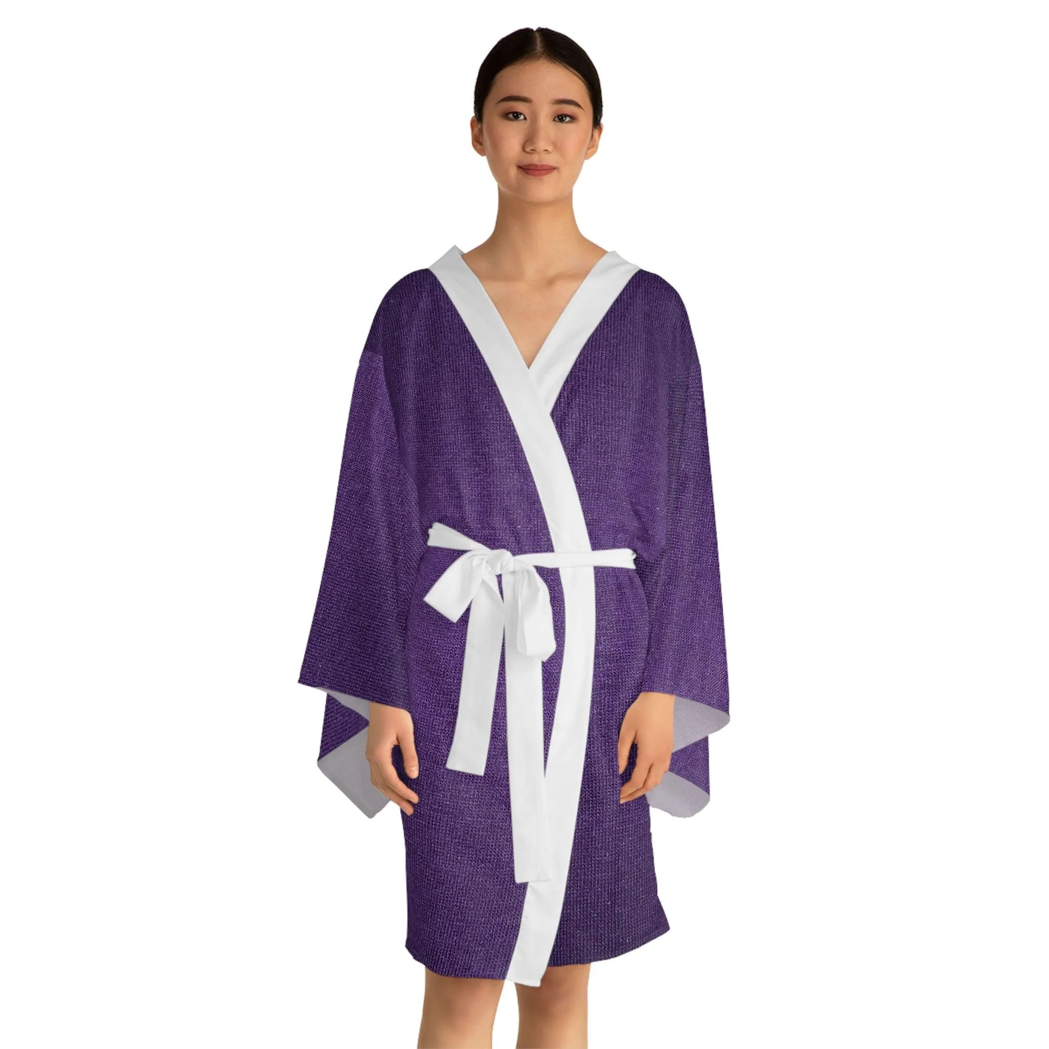 Faux Purple Silk Long Sleeve Kimono Robe