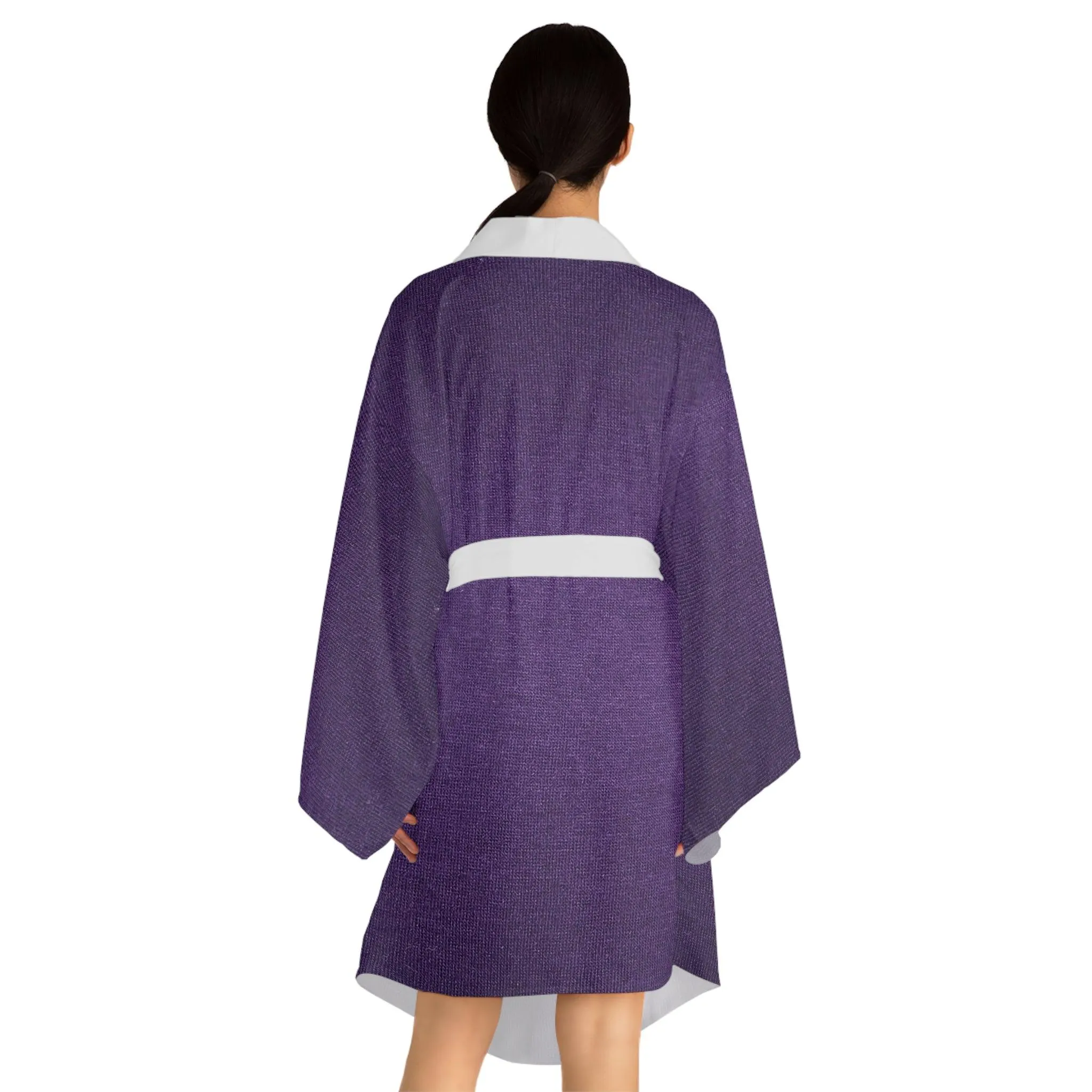 Faux Purple Silk Long Sleeve Kimono Robe