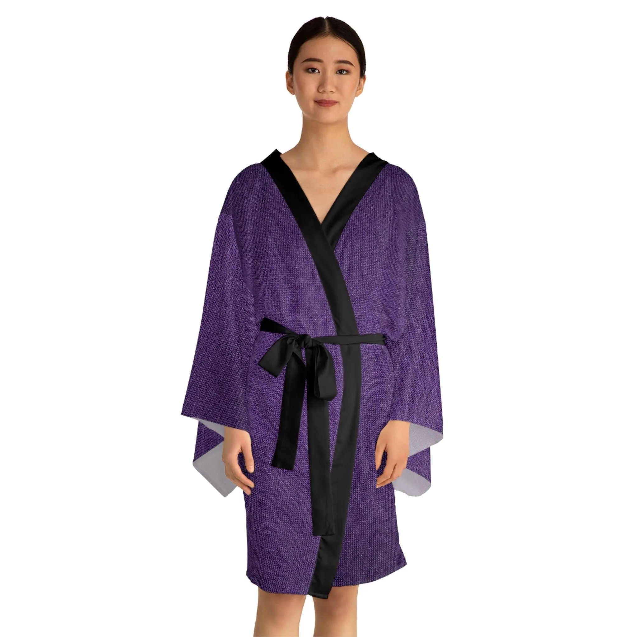 Faux Purple Silk Long Sleeve Kimono Robe