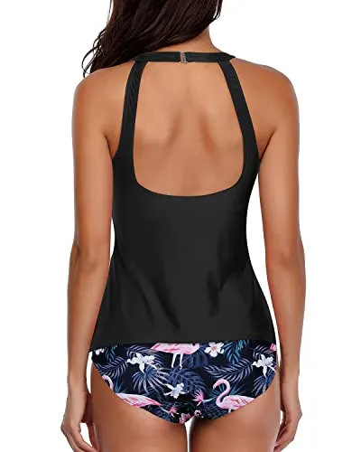 Flattering And Sexy 2 Piece Tankini Swimsuit With Shorts-Black Flamingo