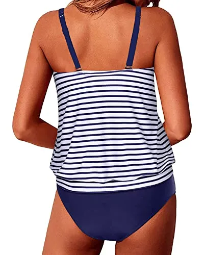 Flattering Bathing Suits Blouson Swimsuits For Women-Blue White Strip