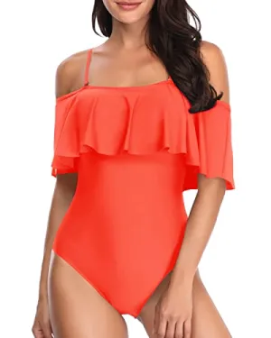Flattering Flounce Vintage Off Shoulder Ruffled Bathing Suits-Neon Orange