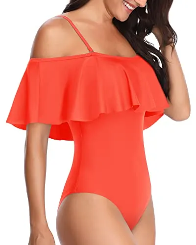 Flattering Flounce Vintage Off Shoulder Ruffled Bathing Suits-Neon Orange