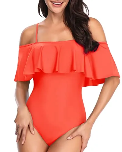 Flattering Flounce Vintage Off Shoulder Ruffled Bathing Suits-Neon Orange