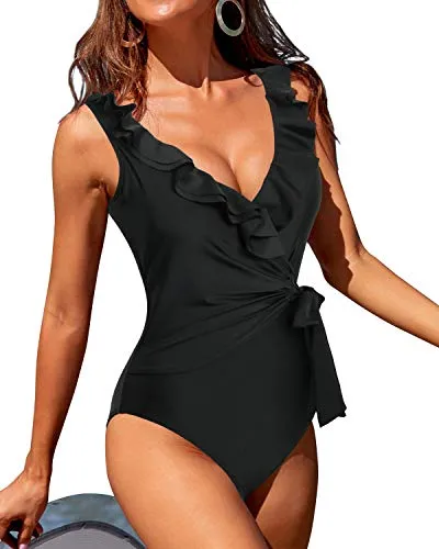 Flattering High Waisted Ruffle V Neck One Piece Swimsuits-Black