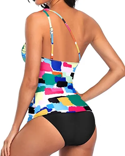 Flattering One Shoulder Tankini Top Bikini Bottoms For Young Mom-Aqua
