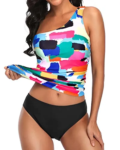 Flattering One Shoulder Tankini Top Bikini Bottoms For Young Mom-Aqua