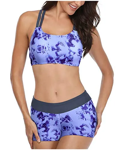 Flattering Padded Tankini Top Shorts-Gray Blue Tie-Dye
