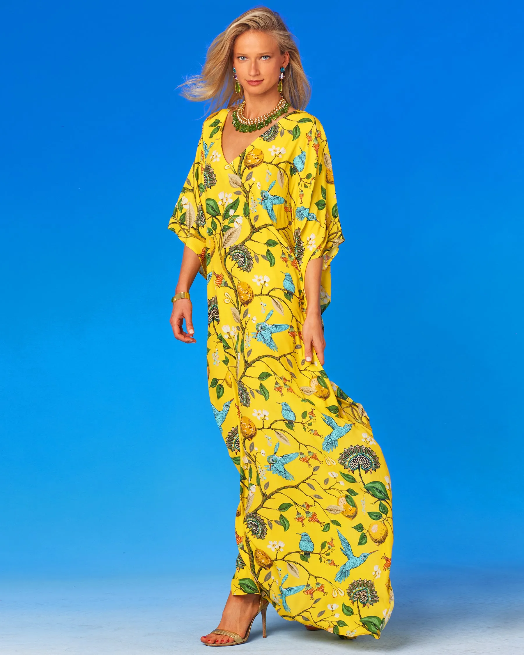 Flora Kaftan in Yellow Hummingbird Print