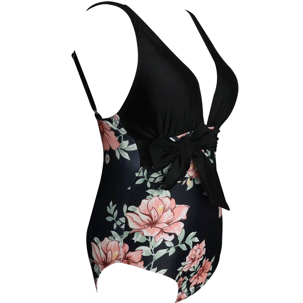 Floral Print Deep V One Piece Swimsuit for Women