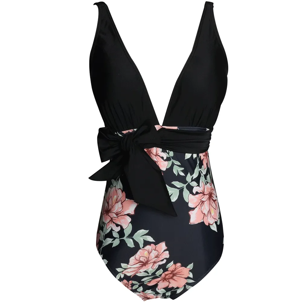 Floral Print Deep V One Piece Swimsuit for Women