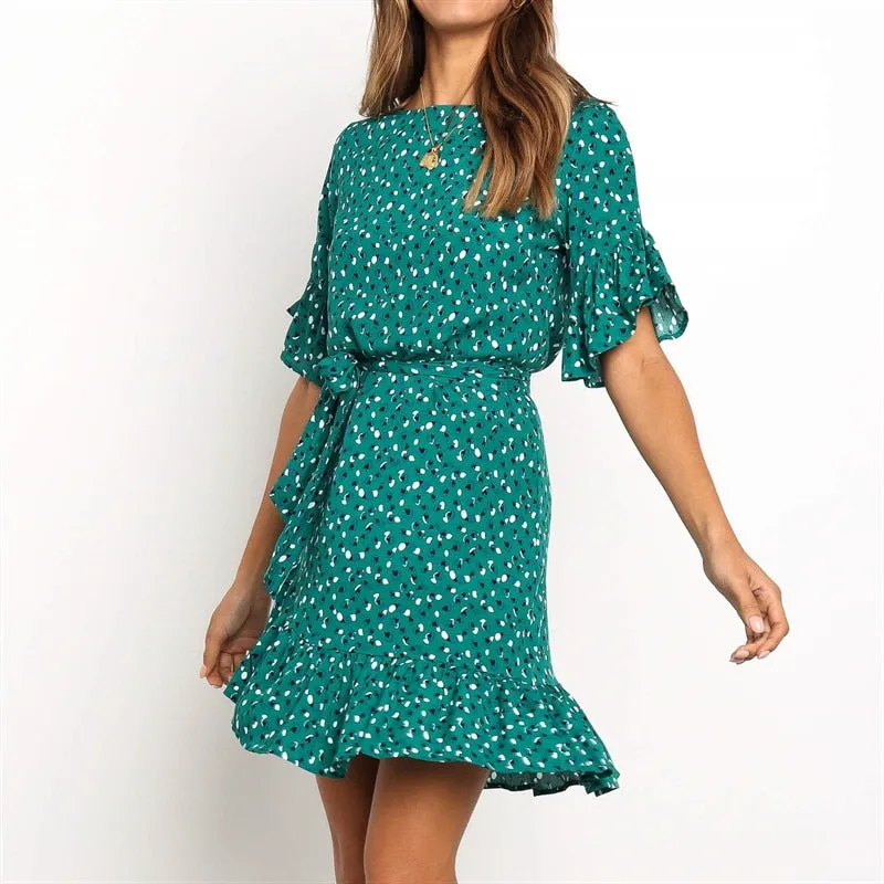 Floral Print Dress Women Boho Ruffles Beach