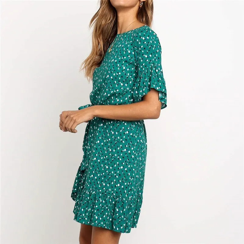 Floral Print Dress Women Boho Ruffles Beach