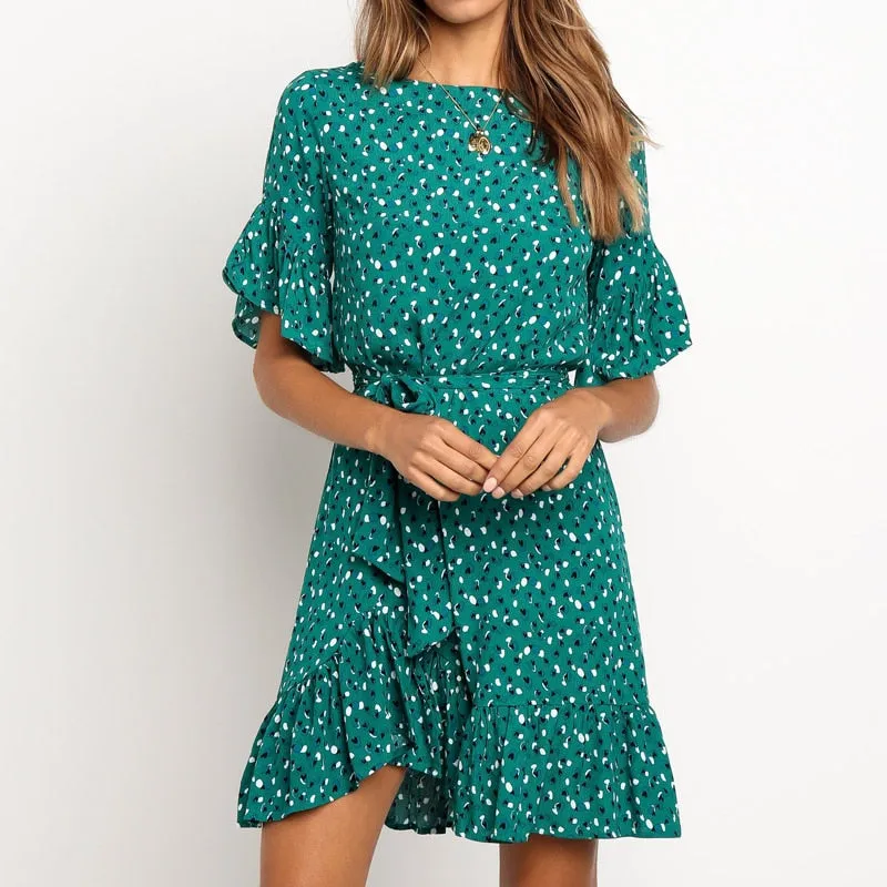 Floral Print Dress Women Boho Ruffles Beach