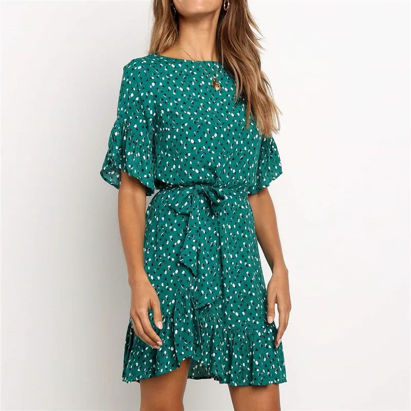 Floral Print Dress Women Boho Ruffles Beach