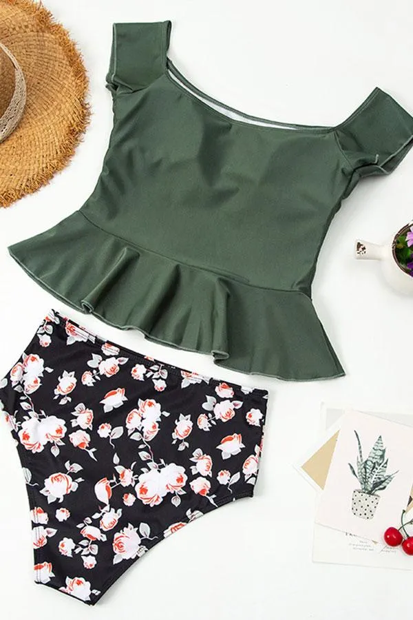 Floral Print Elegant Off Shoulder Tankini
