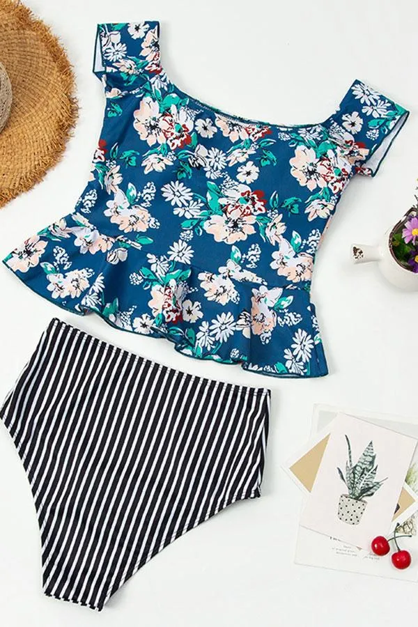 Floral Print Elegant Off Shoulder Tankini