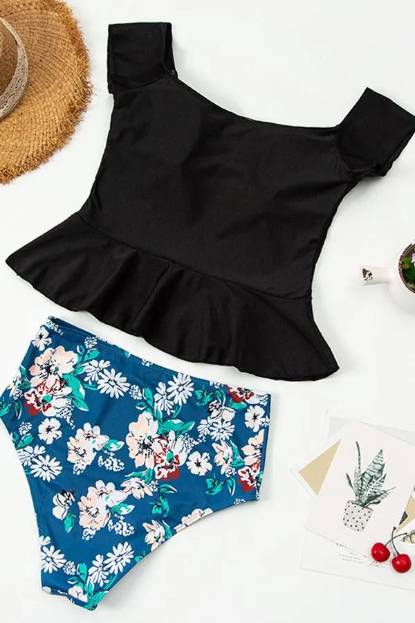 Floral Print Elegant Off Shoulder Tankini