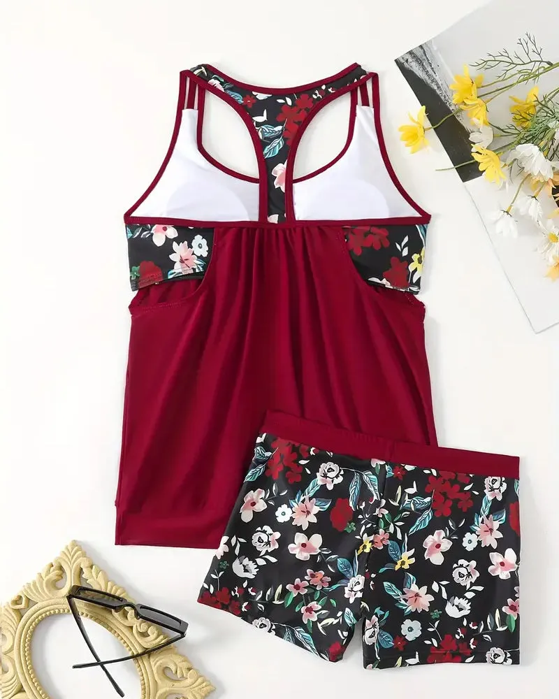 Floral print sleeveless backless tankini swimsuit