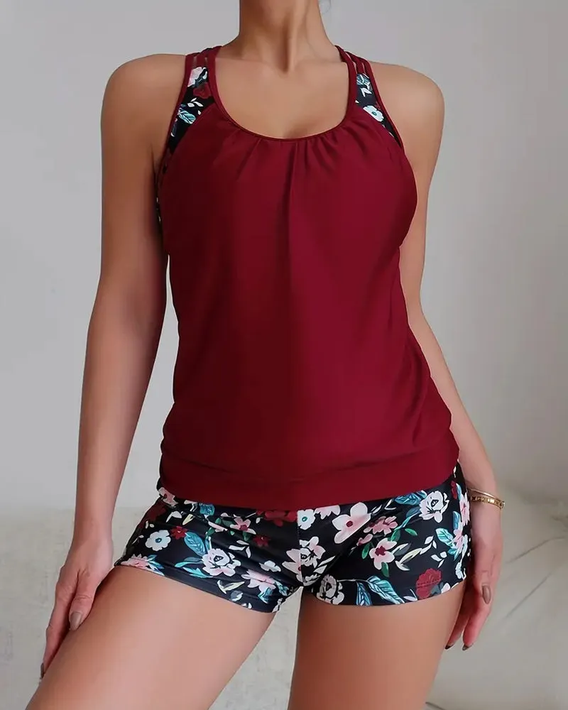 Floral print sleeveless backless tankini swimsuit