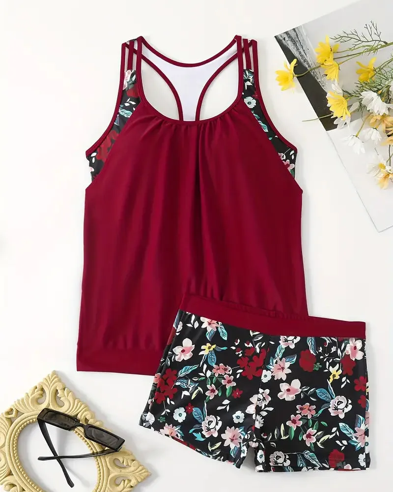 Floral print sleeveless backless tankini swimsuit