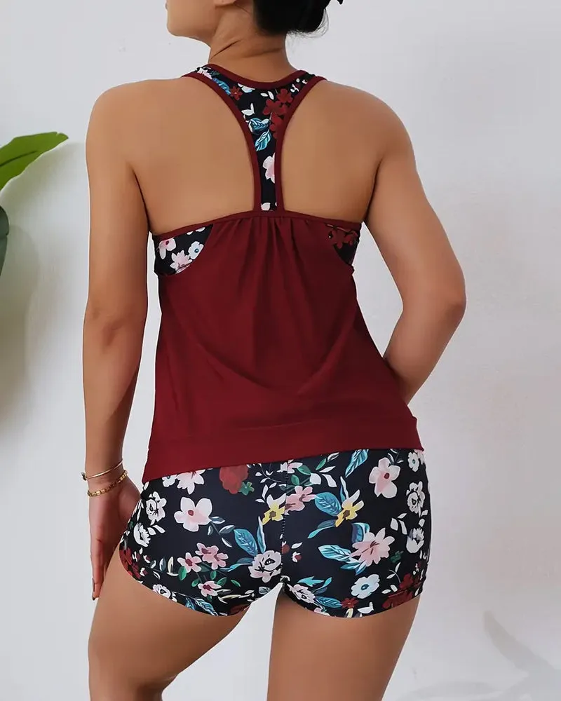 Floral print sleeveless backless tankini swimsuit