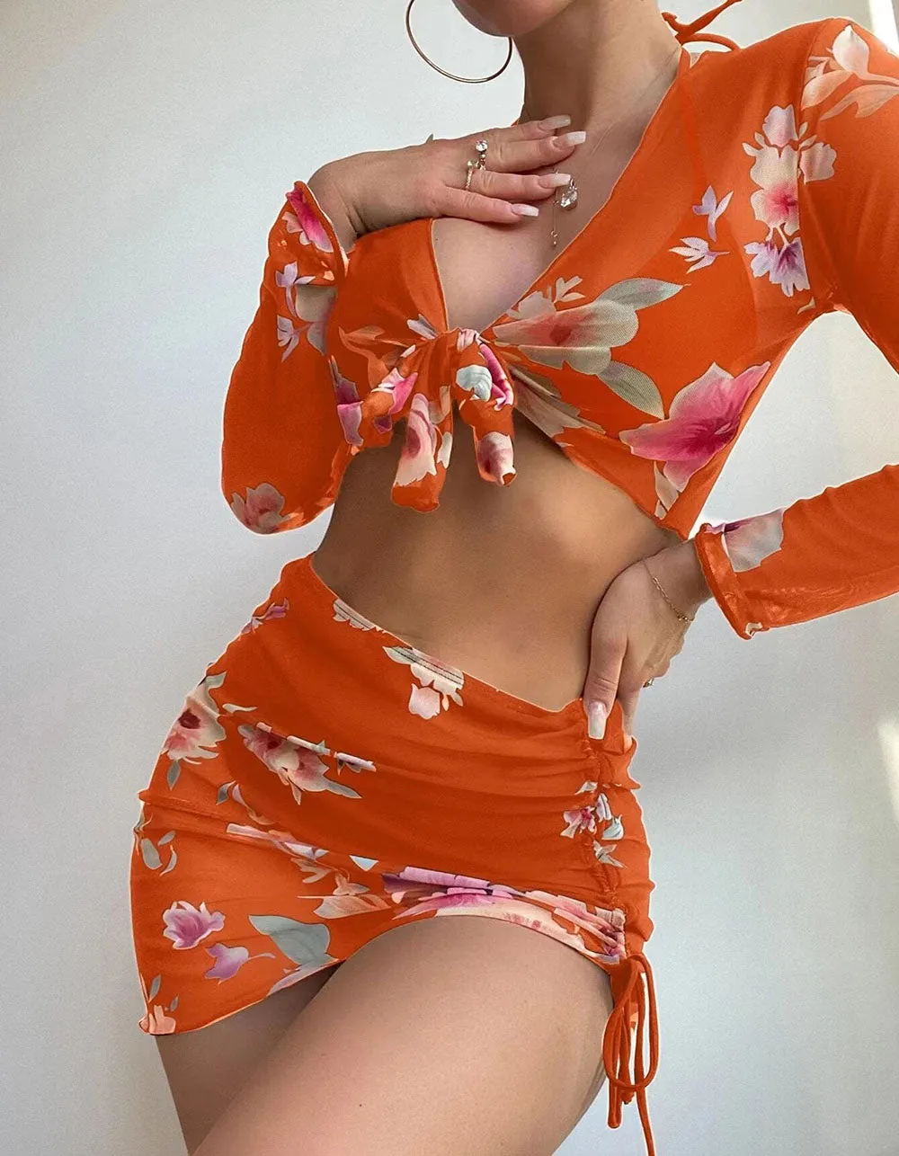 Floral Print Solid-color 4-piece Bikini Swimwear Sets