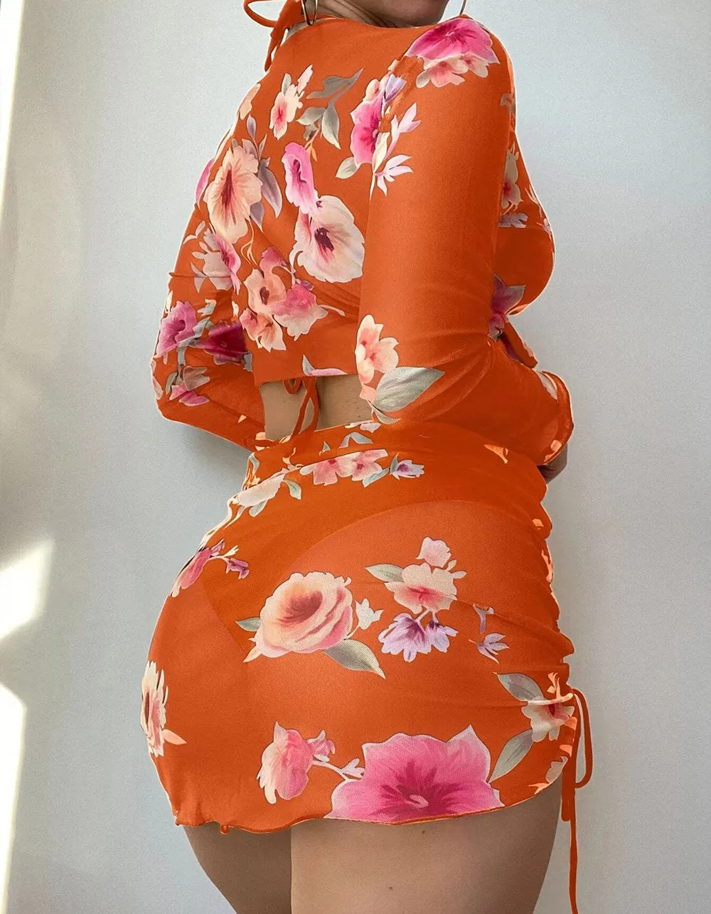 Floral Print Solid-color 4-piece Bikini Swimwear Sets
