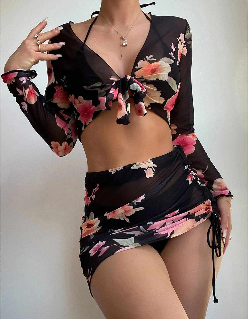 Floral Print Solid-color 4-piece Bikini Swimwear Sets