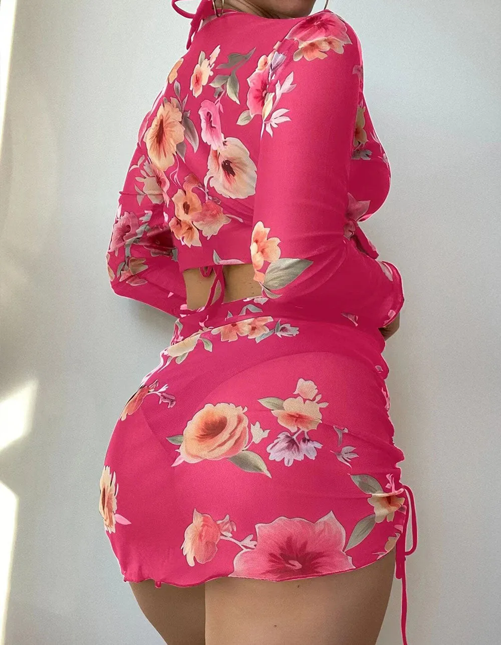 Floral Print Solid-color 4-piece Bikini Swimwear Sets